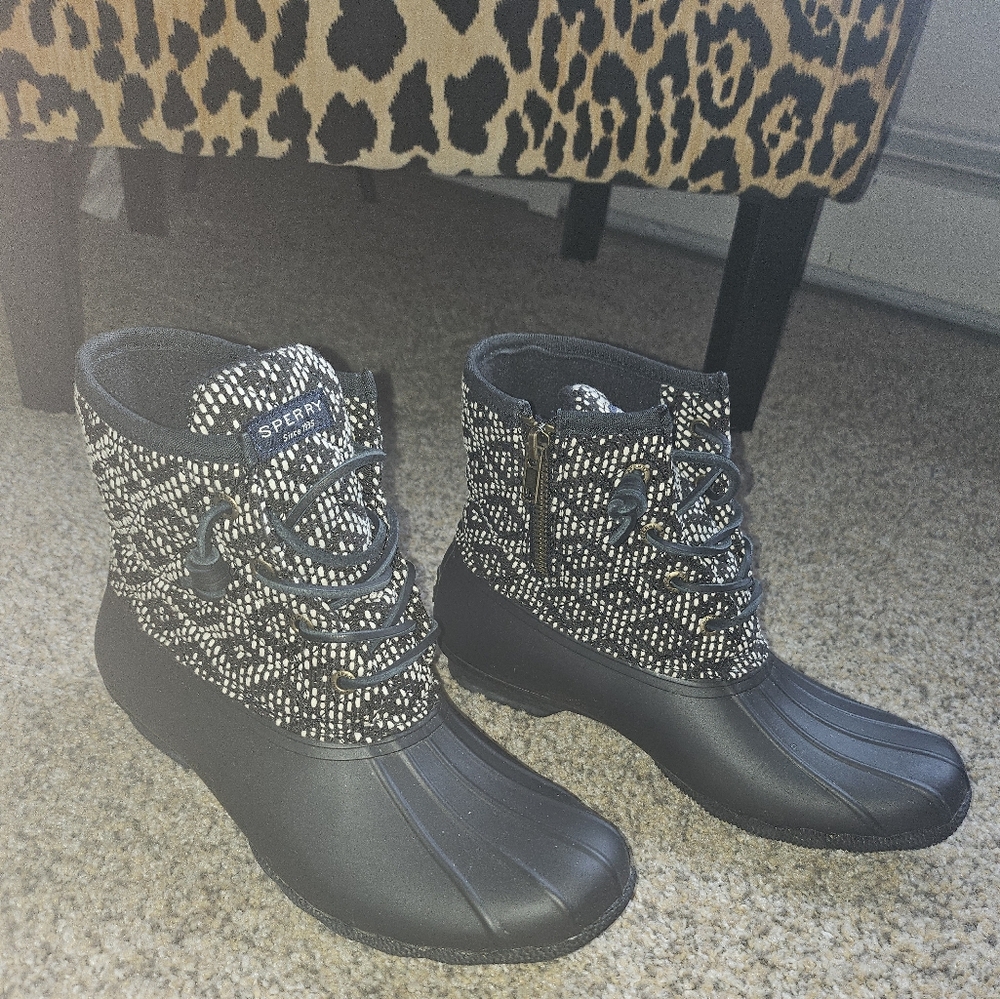 Sperry Black and White Winter Rain Boots